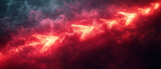 Poster - Creative representation of AI in a vibrant neon cloud environment with glowing arrows indicating directions , artificial, intelligence, glowing, arrows, neon, colors, cloud, background, digital