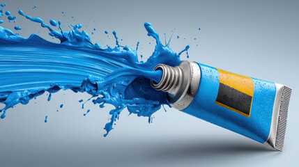 Poster - Flowing blue paint from tube creates vibrant splash, showcasing creativity and energy. isolated on white background