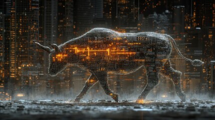 Poster - Metallic bull silhouette, illuminated from within, strides through a hazy city at night. Dark background, glowing lights.
