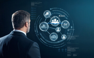 Aufkleber - business executive analyzes digital data and technology, showcasing career evolution and innovation in modern workspace. image reflects focus on artificial intelligence and networking