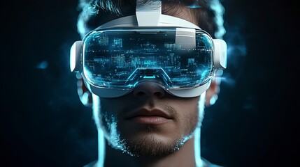 Poster - close up of a man wearing a virtual reality headset, with a futuristic blue digital interface overla