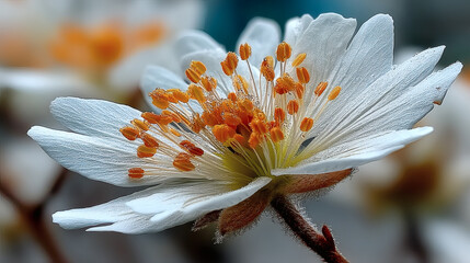 Poster - Beautiful Close-Up of White Blooming Flower with Orange Stamens