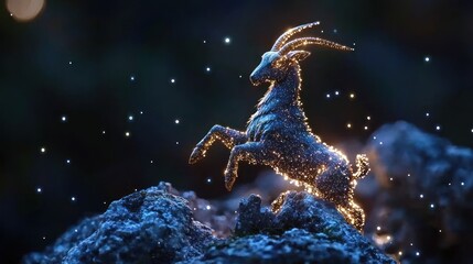 Wall Mural - Mystical Capricorn figurine on rocky outcrop, starry night background