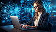 © Olena - A stylish businesswoman works on her laptop against a vibrant, abstract background of glowing circuit lines.