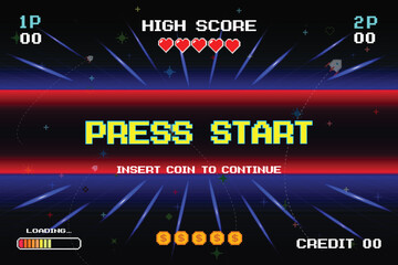 Leinwandbilder - PRESS START INSERT A COIN TO CONTINUE. pixel art .8 bit game. Retro Futurism Sci-Fi Background. glowing neon grid. and stars from vintage arcade computer games