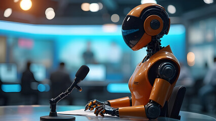 Poster - A robot is sitting at a computer keyboard