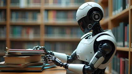 Poster - A robot is sitting at a desk with a stack of books