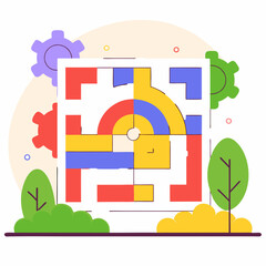 Poster - Colorful maze design featuring geometric shapes and gears, surrounded by stylized trees and soft background. Isolate on white background, commercial use