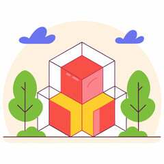 Poster - Colorful geometric shapes create vibrant scene with trees and clouds, evoking playful and creative atmosphere. Isolate on white background, commercial use