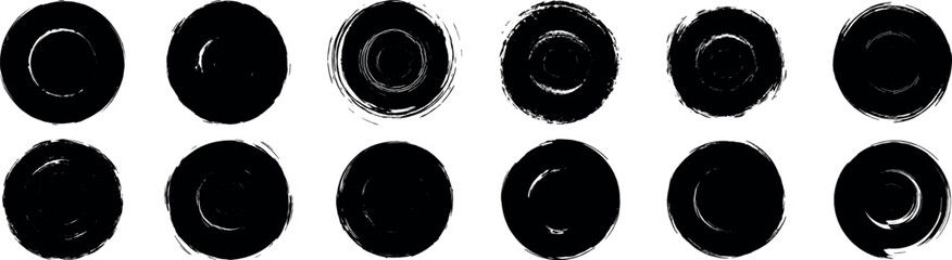 Poster - Set of grunge circles brush shape, Vector brush circle.  Black circle frames. Grunge round shape. Round line of black paint. Circular ink brush stroke fro design elements. Vector illustration.