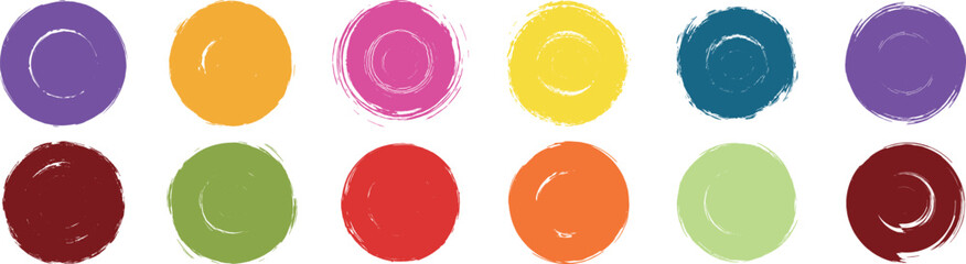 Poster - Set of grunge circles colorful shape, Vector brush circle. Grunge round shape. Round brush painted circle brush stamps. Vector illustration,