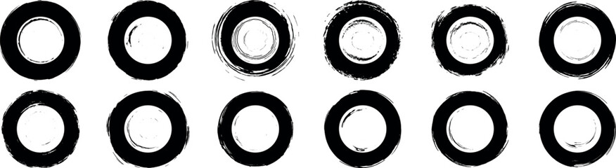 Poster - Set of grunge circles brush shape, Vector brush circle.  Black circle frames. Grunge round shape. Round line of black paint. Circular ink brush stroke fro design elements. Vector illustration.