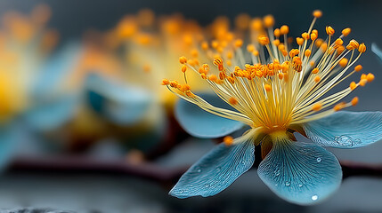 Poster - Close-Up of Blue Flower with Yellow Stamen on Dark Background