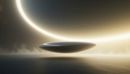 Poster - Mysterious floating disc captured over ocean at dusk surreal sci-fi art dreamlike atmosphere wide-angle perspective