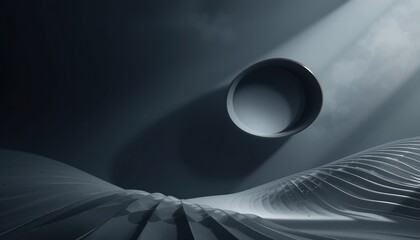 Poster - Transformative shadow play abstract sphere in monochrome landscape digital art modern aesthetic minimalist environment studio viewpoint