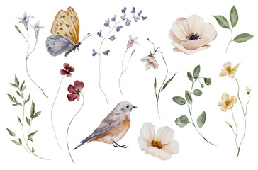 Naklejka na meble Set of watercolor elements with meadow flowers and butterflies