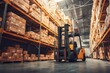 © BISO - Stacked boxes and forklift in warehouse for tariff trade logistics symbolism