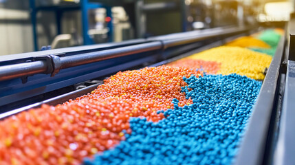 Poster - Colorful granules travel along conveyor in manufacturing process Generative AI
