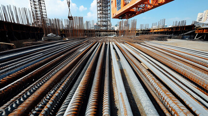 Poster - Bright construction site showcasing steel reinforcement bars Generative AI