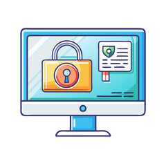 Aufkleber - Cartoon computer screen displaying security features and data protection technology