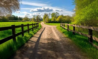 Wall Mural - Scenic Country Path Through Lush Green Landscape Under Blue Sky with Cloudy Accents and Wooden Fencing on a Calm Day