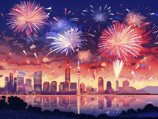 Poster - 夜空に輝く花火と都市景観 夕焼けと湖の反射が美しい夏の祝祭風景