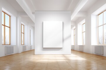 Poster - A modern art gallery with large windows and wooden flooring, displaying a blank canvas on the central wall, emphasizing simplicity and light.