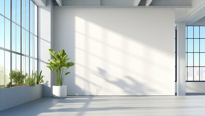 Poster - A bright, minimalist interior featuring large windows, natural light, and potted plants, creating a serene and inviting atmosphere.