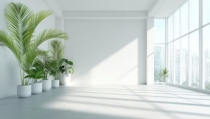 Poster - A modern, airy interior space with large windows, minimalist decor, and vibrant potted plants casting shadows on the floor.
