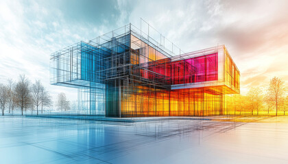 Poster - architectural visualization of modern building with colorful glass panels and unique design