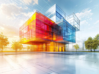 Poster - Modern architectural visualization showcasing colorful geometric structures with bright sky