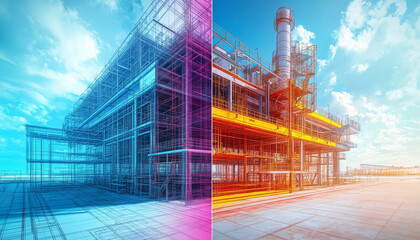 Poster - Architectural visualization of modern industrial building with vibrant colors and intricate
