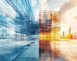 Poster - Architectural visualization showcasing contrasting designs blue and orange tones, evoking