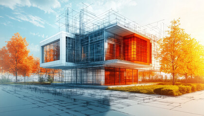 Poster - Architectural visualization of modern building with orange accents and trees