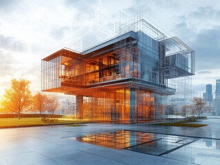 Poster - Modern architectural visualization showcasing futuristic building design with glass elements