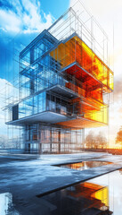 Poster - Architectural visualization of modern building with vibrant colors and reflections