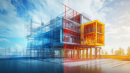 Poster - Architectural visualization showcasing modern building design with vibrant colors and structure