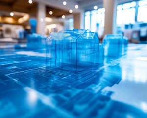Poster - Transparent blue house models on architectural blueprints create modern design concept