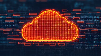 Poster - Digital Cloud Icon with Abstract Binary Background and Futuristic Glow Effect for Technology Concepts