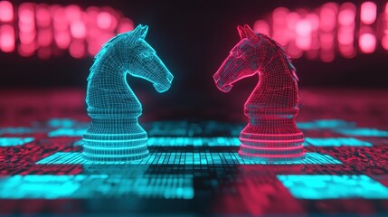 Poster - Futuristic Chess Game between Neon Wireframe Knights on Digital Board for Strategy and Competition Concept