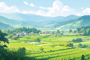Poster - 日本の田園風景 緑豊かな水田と山並み 穏やかな夏の日の爽やかな風景