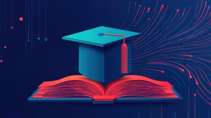 Poster - Graduation Cap Floating Above an Open Book with Colorful Abstract Background Elements