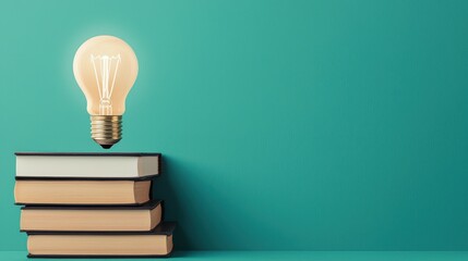 Poster - Creative Concept of Light Bulb Above Stack of Books on Mint Background for Ideas and Learning