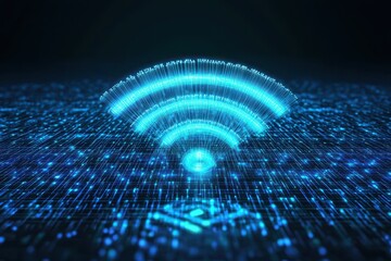 Poster - A digital representation of a Wi-Fi symbol, composed of glowing blue lines and surrounded by shimmering data elements, symbolizing connectivity.