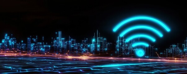 Poster - A futuristic cityscape illuminated with neon lights, featuring a prominent wireless signal icon symbolizing connectivity and technology.