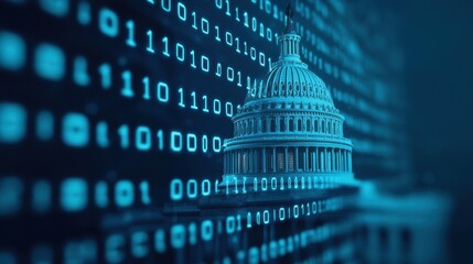 Poster - Digital Transformation of Government with Capitol Building Surrounded by Binary Code in Blue Tones