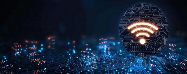 Poster - A futuristic wireless symbol illuminated against a circuit board background, representing connectivity and technology.