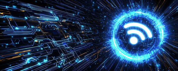 Fototapete - A vibrant digital representation of a Wi-Fi symbol surrounded by glowing circuitry, suggesting high-speed connectivity and technology.