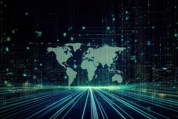 Poster - A digital representation of a world map with green lines and data points, symbolizing technology and connectivity in a futuristic context.