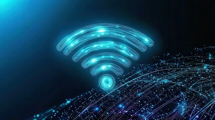 Poster - A glowing Wi-Fi symbol surrounded by dynamic light trails, representing connectivity and technology in a digital landscape.